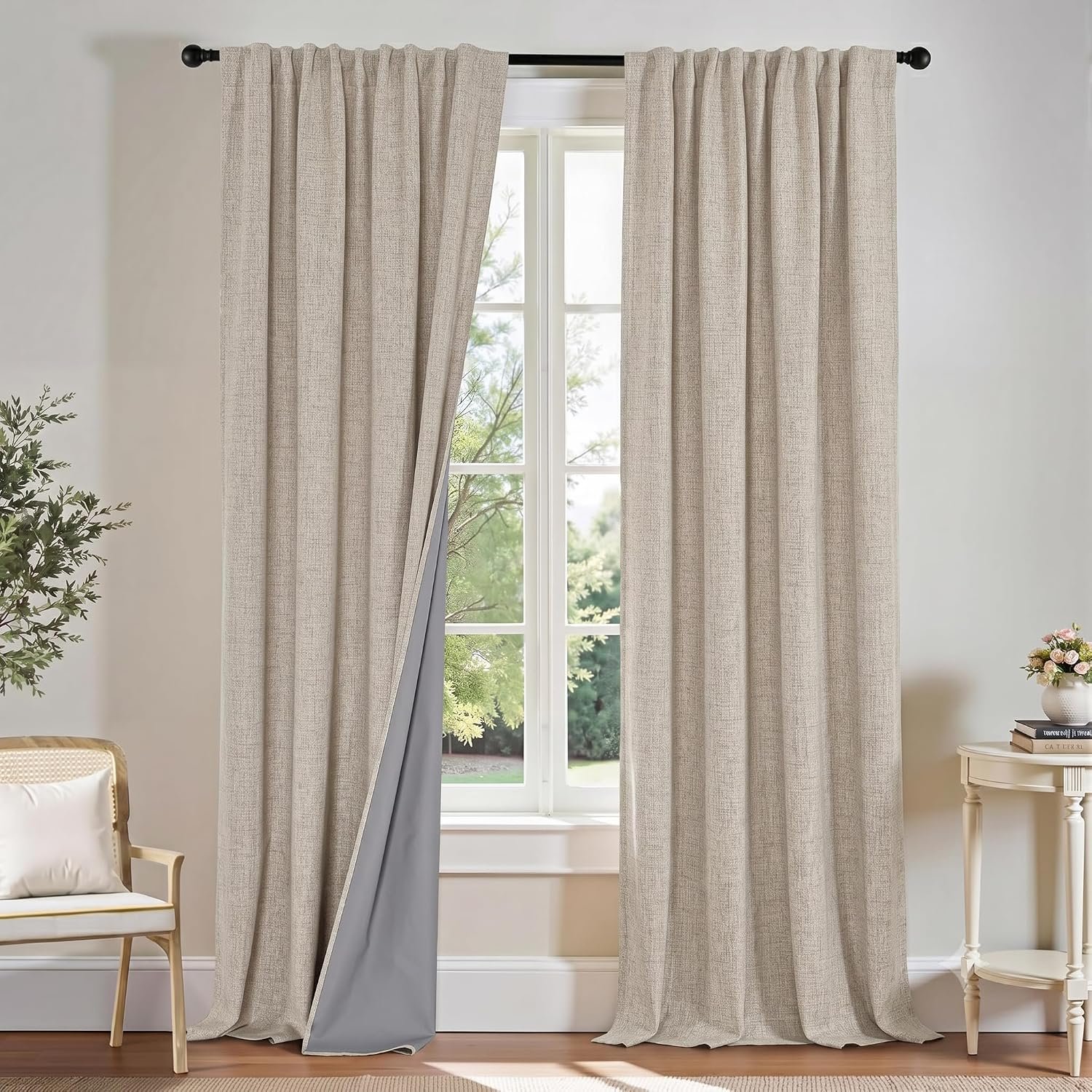 Light beige cotton-linen blackout curtain set (2 panels); dual-mount vintage pastoral style; creamy texture for floor-to-ceiling windows