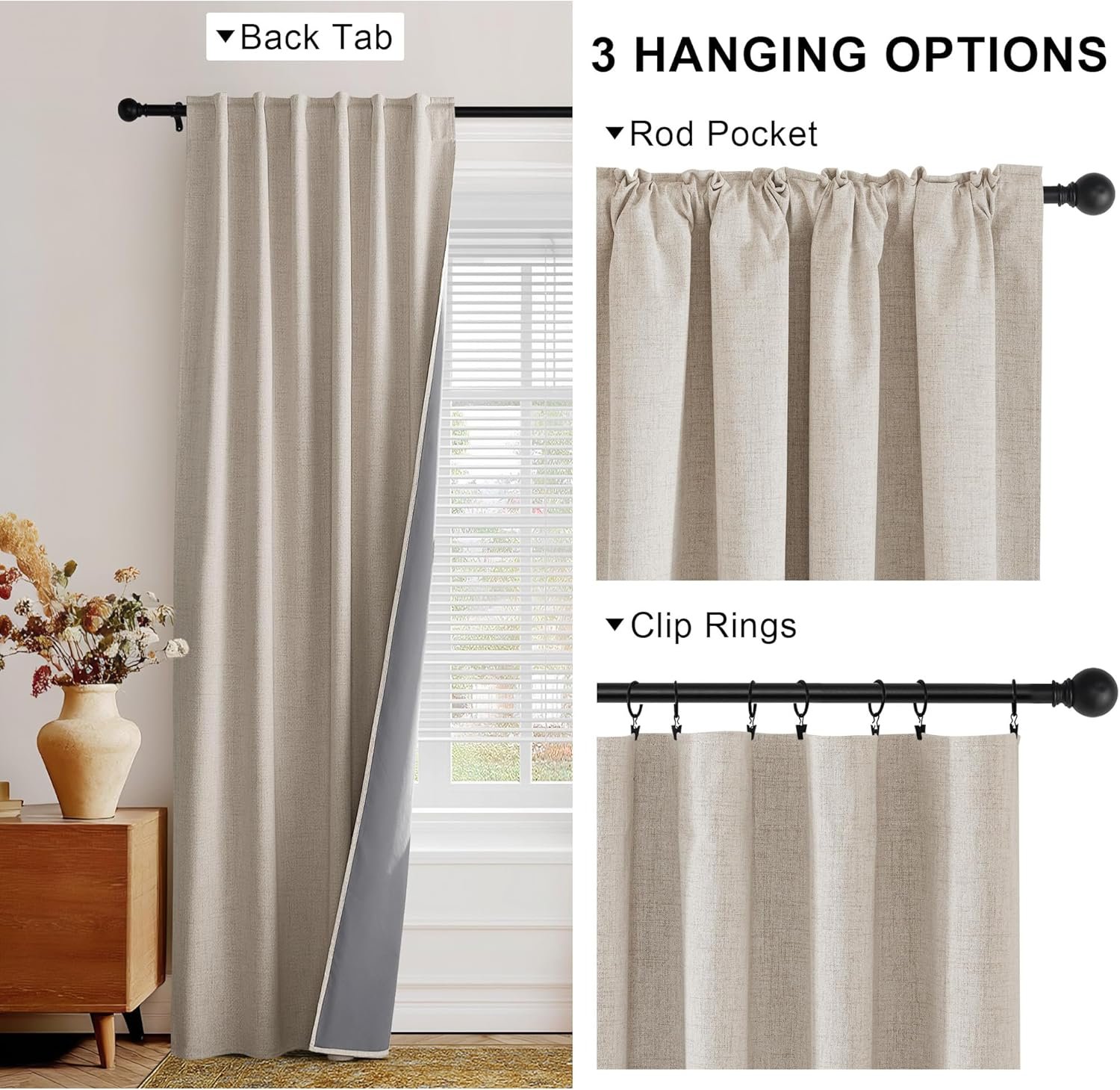 Light beige cotton-linen blackout curtain set (2 panels); dual-mount vintage pastoral style; creamy texture for floor-to-ceiling windows - Image 2