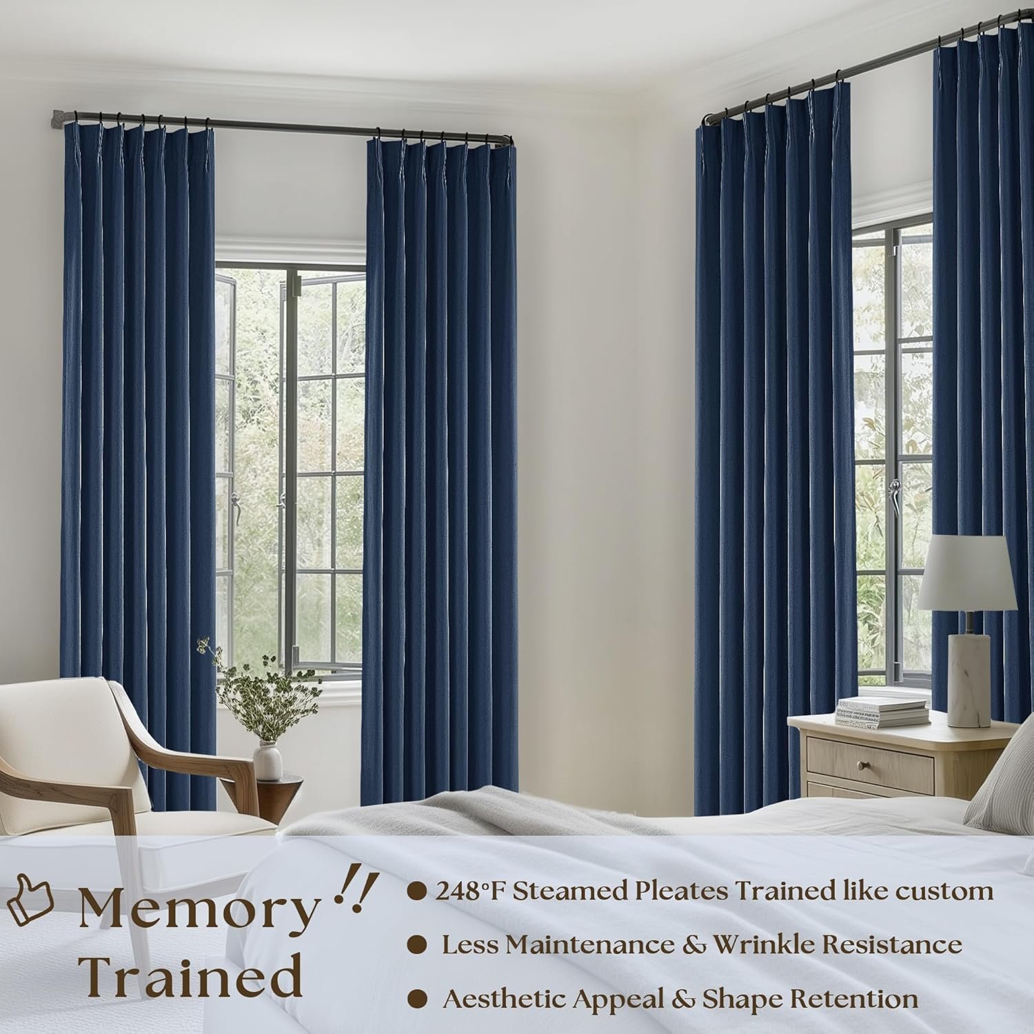 Navy blue double-layer structured cotton-linen blackout pinch-pleat curtains; lined for light and noise reduction; vintage pastoral style for floor-to-ceiling windows - Image 2