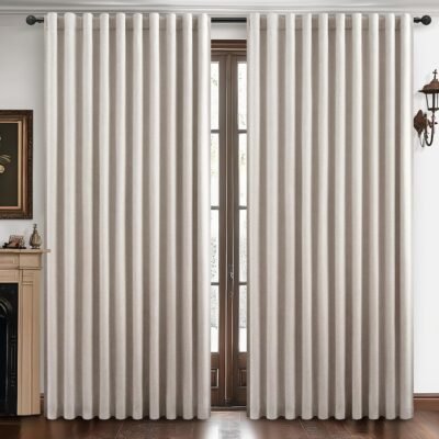 Widened and Thickened Pleated Cotton-Linen Blackout Curtain Two-Piece Set, Long Fabric Curtain for Winter Heat Locking, Floor-to-Ceiling Soft Furnishing for Living Room with Large Windows